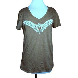 Sandra Taylor Collection Women's Brown V-Neck Tee Shirt White Wings Graphic Sz L
